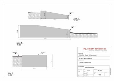 Tegning som viser detaljerte oppriss for tre støttemurer (Mur 1, Mur 2 og Mur 3) med angitte mål og høyder.