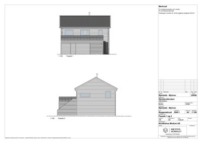 Fasadetegning som viser bygningens utsyn fra to vinkler (Fasade 1 og Fasade 2) med skisse over takform og fasadepanel.