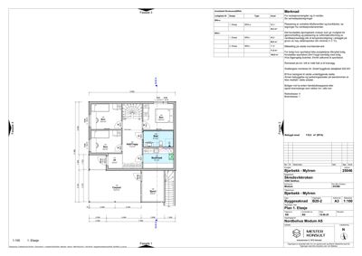 Etasjeplan (1. etasje) med romfordeling, dimensjoner og merknader om areal og funksjon.