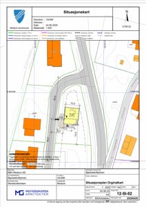 Situasjonskart som viser eiendomsnummer, adresse, dato, målestokk, nabolag, veier og bygningsplassering med dimensjoner.
