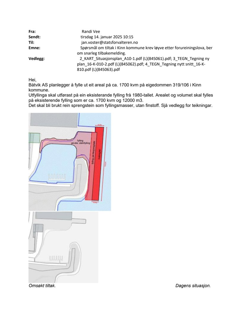 Et fotografi av en e-post med vedlegg om en byggesak (fylling av areal).