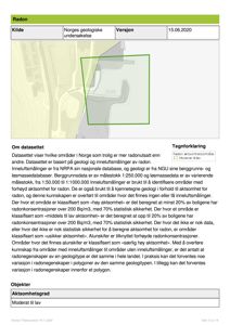 Kart over radonaktive områder i Norge med en markert polygon for et spesifikt område.