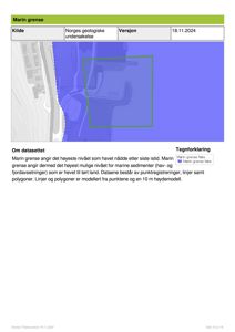 Kart som viser marin grense (høyeste havnivå etter siste istid) for et område, med overlappende polygoner og en grønn ramme rundt et spesifikt område.