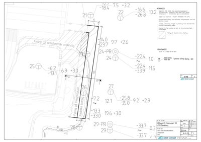 Situasjonsplan som viser grunnboringer (punkter med høydemål), fyllingsdybde og forhold til eksisterende stenfylling.