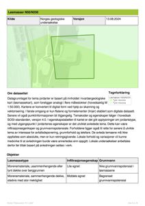 Et kart som viser et område med overlagte data om løsmasser (N50/N250) og geologiske forhold.