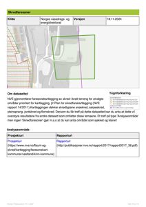 Kart over skredfaresoner og analyseområde for et prosjekt i Vestland/Kinn kommune.