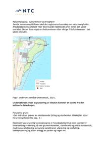 Et kart som viser et undersøkt område med overlappende polygoner, en trasé og en estimert tareskog. Kartet er inkludert i en rapport om naturmangfold.