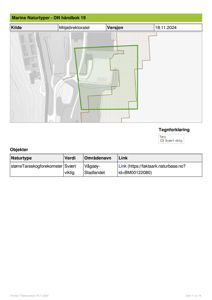 Kart over et område med overlagte data om marine naturtyper (Tareskogforekomster) og en markert prosjektområde.