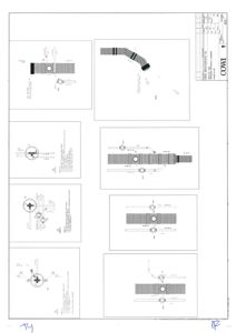 Dette bildet viser en teknisk tegning med detaljerte konstruksjonsdetaljer for rør- og ventilasjonsanlegg, inkludert dimensjoner og monteringsinstruksjoner.