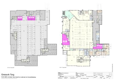 Etasjeplaner (1. etasje) for Gressvik Torg som viser romfordeling og arealbruk.