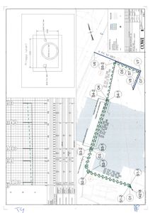 Situasjonsplan som viser en planlagt vannledning (grønn prikket linje) med stasjonspunkter (S1-S4) og tilknytningspunkter (O1-O8) i forhold til eksisterende infrastruktur og eiendomsgrenser.