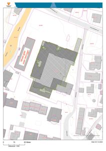 Situasjonsplan som viser tomt, bygninger, veier og høydeforhold.