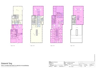 Etasjeplaner for Gressvik Torg som viser romfordeling for 1. til 4. etasje.