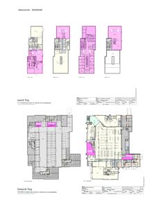 Bildet viser etasjeplaner for ulike leiligheter i et bygg (Gressvik Torg). Det er tegnet oppriss av romfordeling, dører, vinduer og tekniske rom for flere leiligheter.