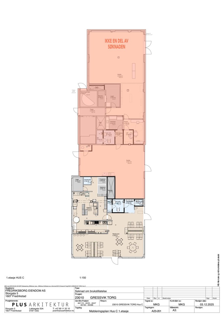 Etasjeplan for 1. etasje av Hus C, som viser romfordeling, dører, vinduer og innredning.
