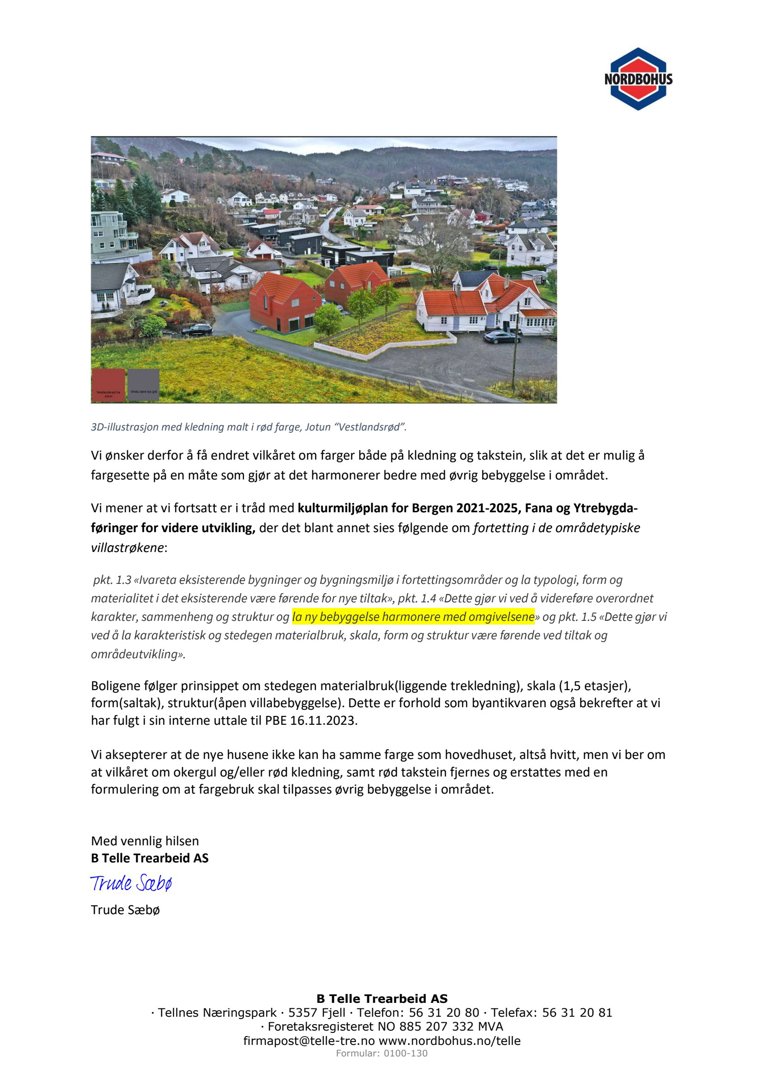 3D-illustrasjon av en boligbebyggelse med kledning malt i rød farge, Jotun 'Vestlandsrød'.