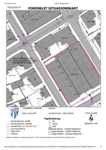 Situasjonskart som viser eiendomsgranser, naboeiendommer, vannledninger og bygningsplasseringer i forhold til gater og tomter.