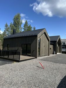 Fotografi av en moderne, mørk trehus med tak og omgivelser.