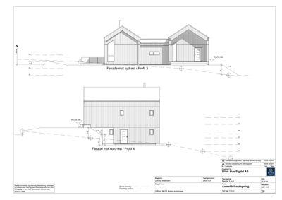 Fasadetegning som viser bygningens utseende sett fra syd-øst og nord-øst.
