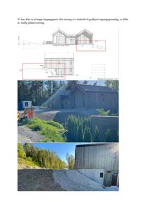 Bildet viser en kombinasjon av en fasadetegning (øverst) og to fotografier av en ferdigbygd hytte (nederst).