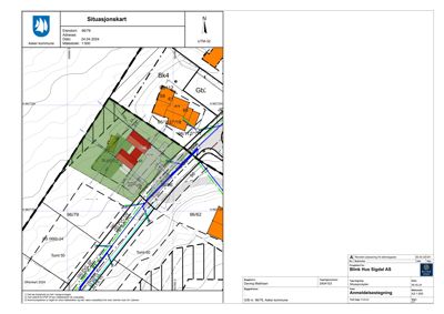 Situasjonskart som viser tomtens grenser, naboeiendommer og bygningsplassering.