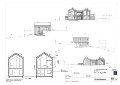 Fasadetegning med oppriss av bygning sett fra flere vinkler, samt et snitt (SNITT A-A) som viser høyder og takform.