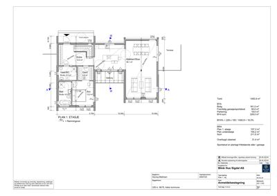Etasjeplan (PLAN 1. ETASJE) som viser romfordeling, mål og areal for en bolig.