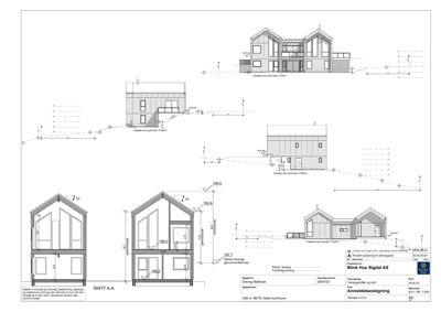 Bildet viser en tegning med fasadeoppvisninger (fra nord, sydvest, sydøst og vest) og et snitt (SNITT A-A) av en bygning.