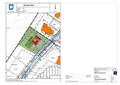 Situasjonskart som viser tomtens grenser, nabotomter og bygningsplassering.
