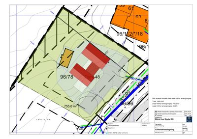 Situasjonsplan som viser tomt 48 med bygning, grenser og arealopplysninger.