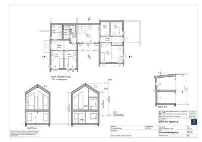 Bildet viser en tegning med etasjeplan (PLAN UNDERETASJE) og snittegninger (SNITT A-A, SNITT B-B) for en bygning.