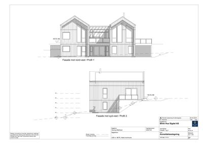 Fasadetegning som viser bygningens utseende fra nord-vest og syd-vest.