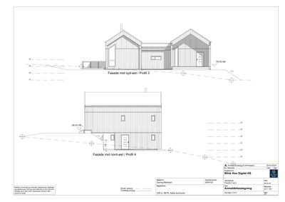 Fasadetegning som viser bygningens utseende sett fra syd-øst og nord-øst.