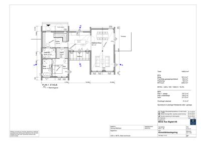 Etasjeplan (PLAN 1. ETASJE) som viser romfordeling, mål og areal for en bolig.
