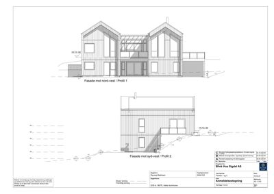 Fasadetegning som viser bygningens utseende fra nord-vest og syd-vest.