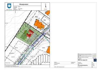 Situasjonskart som viser tomtens grenser, nabotomter, vegnett og planlagt bygningsplassering.