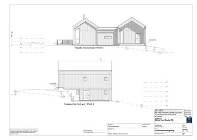 Fasadetegning som viser bygningens utseende sett fra syd-øst og nord-øst.