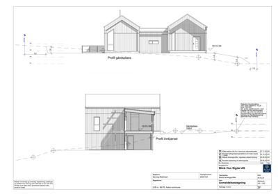 Fasadetegning som viser profilering av gårdsplan og innkjørsel med høydemål og konstruksjonsdetaljer.