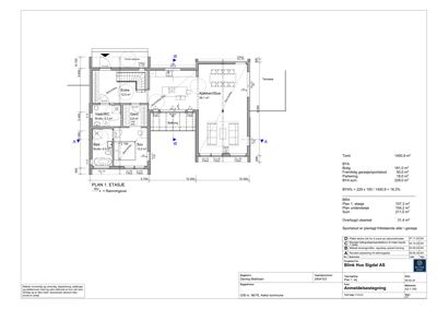 Etasjeplan (PLAN 1. ETASJE) som viser romfordeling, mål og areal for en bolig.