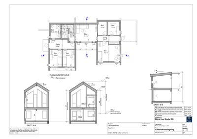 Bildet viser et etasjeplan (PLAN UNDERETASJE) med romfordeling og mål, samt to snittegninger (SNITT A-A og SNITT B-B) som viser takform og høyder.