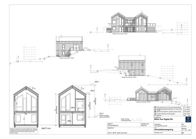 Snittegning (SNITT A-A) og fasadetekninger av en bolig.