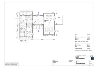 Etasjeplan (PLAN 1. ETASJE) som viser romfordeling, mål og areal for en bolig.