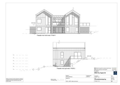 Fasadetegning som viser bygningens utseende fra nord-vest og syd-vest.