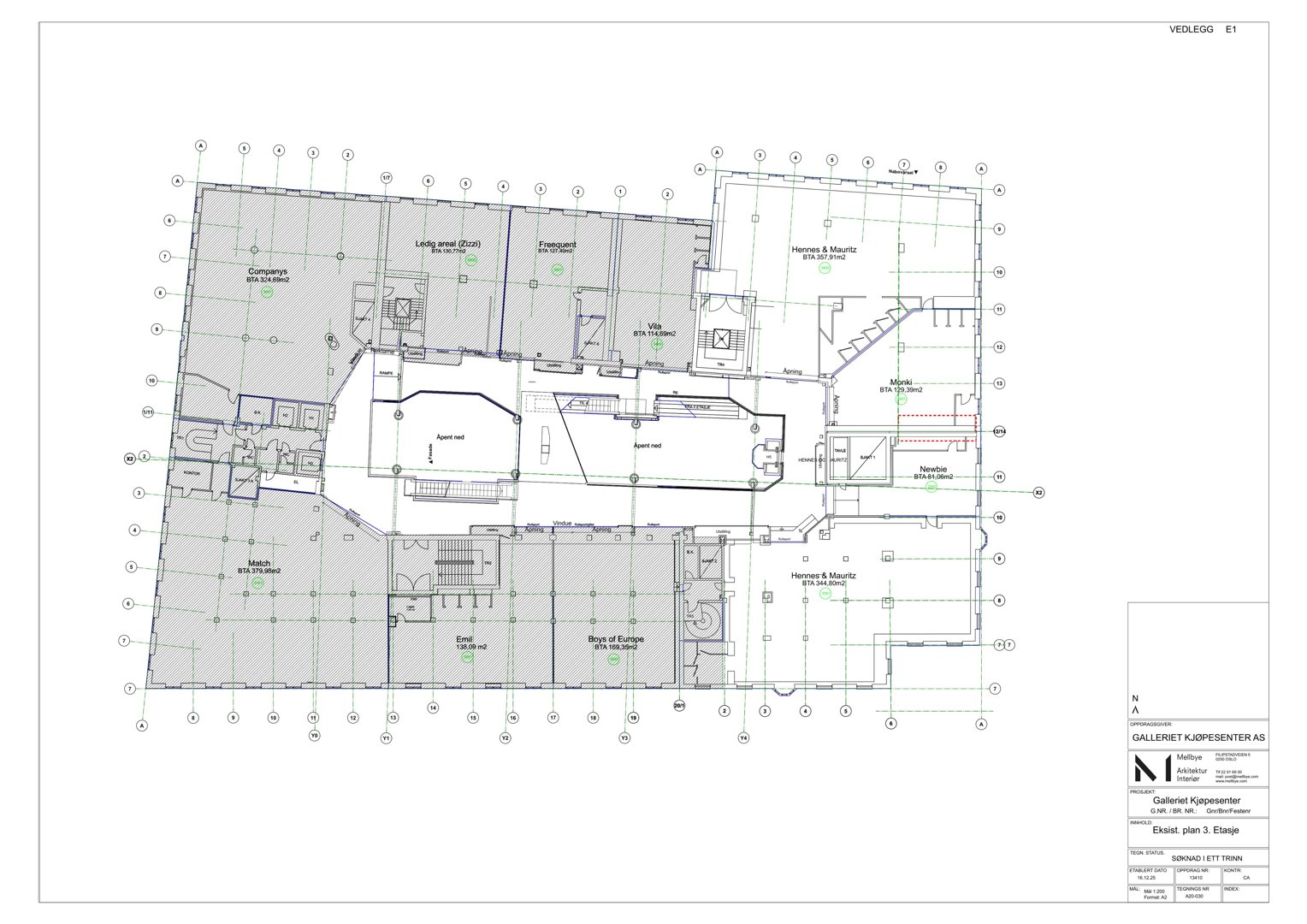 Etasjeplan (3. etasje) for Galleriet kjøpesenter, som viser romfordeling, arealer og arkitektoniske detaljer.