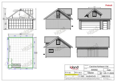 Fasadetegning som viser oppriss av en garasje sett fra fire ulike vinkler (front, side, og to perspektiver).