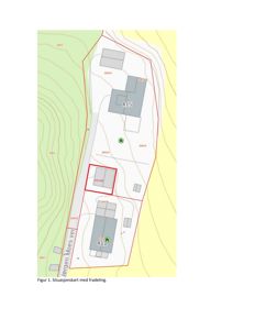 Situasjonskart som viser tomtens form, topografi (konturlinjer), eksisterende bygninger, og en planlagt fradeling av eiendommen.