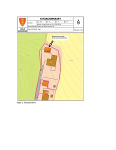 Situasjonskart som viser tomtens form, omgivelser, eksisterende bygninger og planlagt plassering av ny garasje.