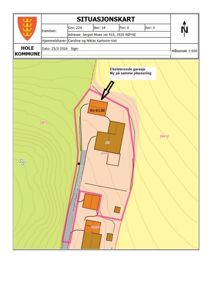 Situasjonskart (tomtekart) som viser eiendomsområde, eksisterende bygninger og en planlagt ny garasje.
