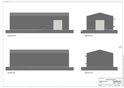 Fasadetegning som viser fire utsnitt av en bygning (Nord, Aust, Sør, Vest) med skala 1:100.