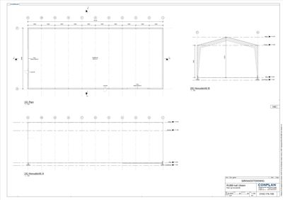 Tegning som viser etasjeplan (Plan) og to hovedsnitt (Hovedsnitt A og B) for en bygning.